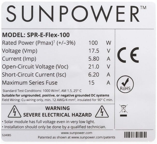 specification from the back of a solar panel