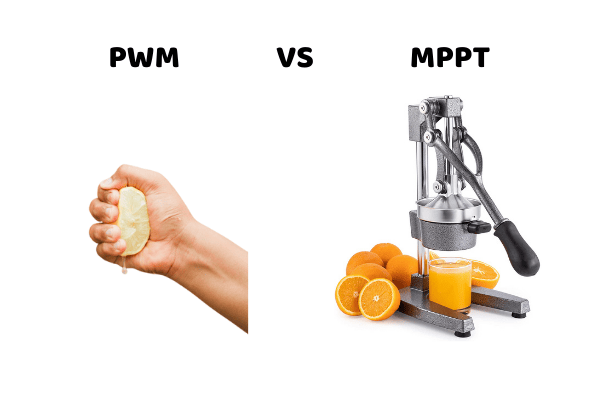 an image where we compare a pwm to a person squeezing a lemon and an mppt compared to a professional juicing machine